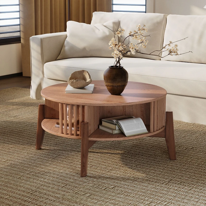 LuxenHome Round Coffee Table with Storage 31.5" Oak Finish Wood Center Accent Tables with Wood Legs