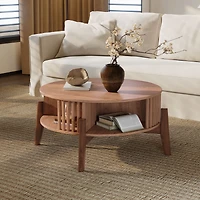 LuxenHome Round Coffee Table with Storage 31.5" Oak Finish Wood Center Accent Tables with Wood Legs