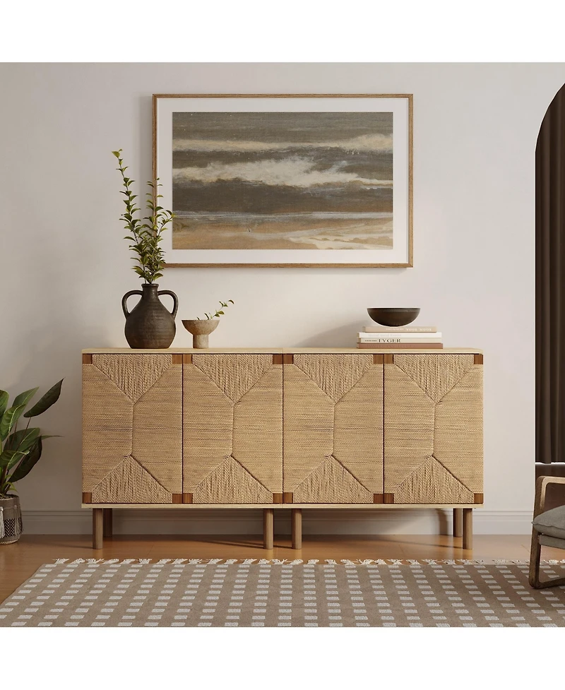 LuxenHome Mid-Century Modern Rope 2-Door Cabinet with Wood Legs