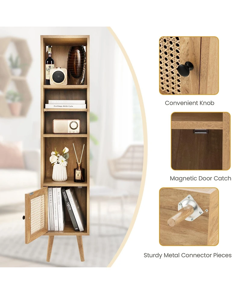 Gouun 4-Tier Rattan Storage Cabinet with Adjustable Shelf and Slim Design