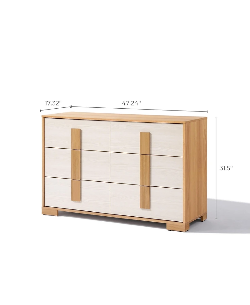 LuxenHome Natural and White 47.2-Inch Wide 6-Drawer Dresser