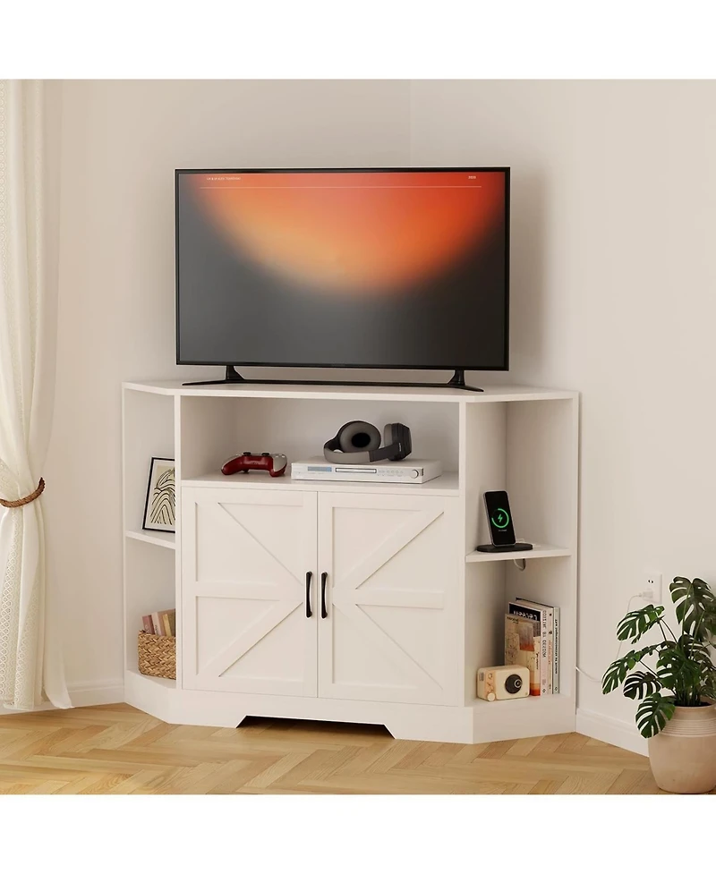 Corner Tv Stand for Tvs Up to 55 Inch with Power Outlet, Modern Farmhouse Entertainment Center