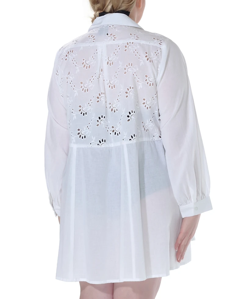 Raviya Plus Size Cotton Eyelet Button-Front Cover-Up Dress