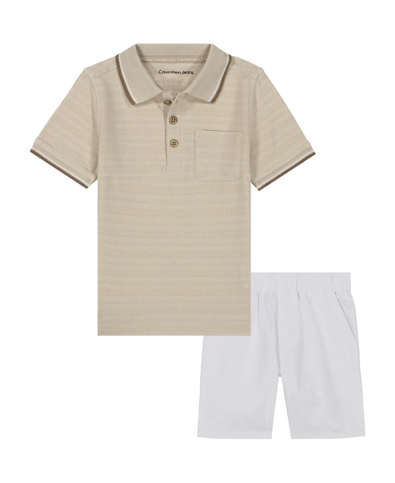 Calvin Klein Toddler and Little Boys Tipped Herringbone Dobby Polo Shirt Twill Shorts, 2-Piece Set