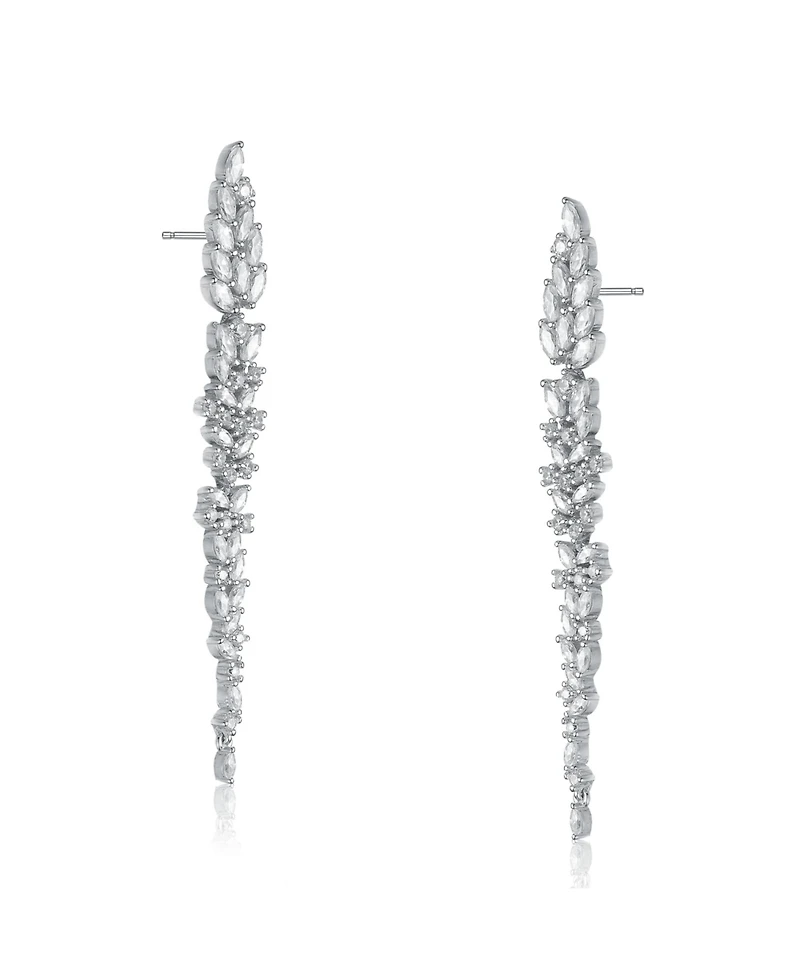 Sterling Silver White Gold Plated Leaf-Shaped White Cubic Zirconia Accent Dangle Earrings