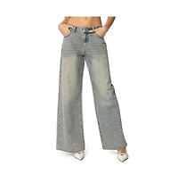 Edikted Womens Rhinestone Low Rise Washed Jeans