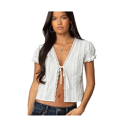 Edikted Women's Cotton Lacey Tie Front Top