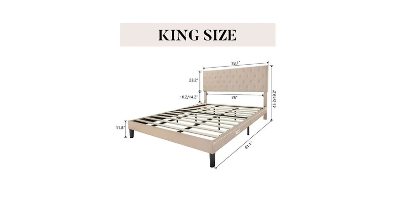 Linen Upholstered Platform Bed with Button-Tufted Headboard – Modern Bed Frame with Wood Slats, No Box Spring Needed