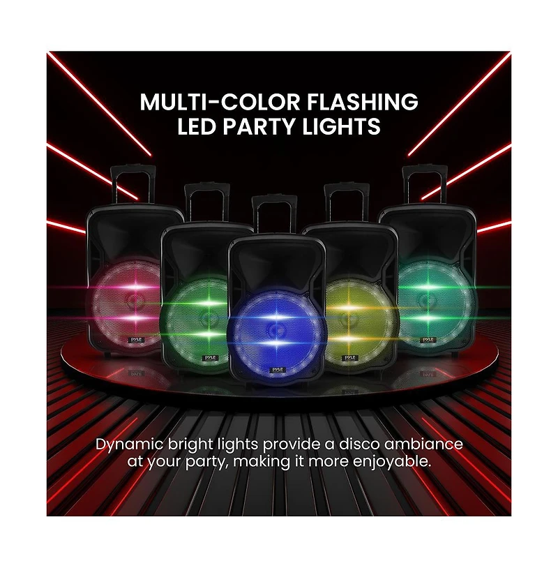 Pyle Portable Pa Speaker with Bluetooth, Led Lights, Rechargeable Battery, Fm/Usb/Sd & Wireless Microphone