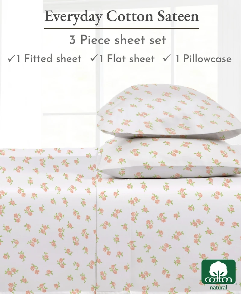 Twin Floral Sheet Set, Soft 100% Cotton Sateen, 3 Pc Deep Pocket Sheets & Pillowcase Set - Chic