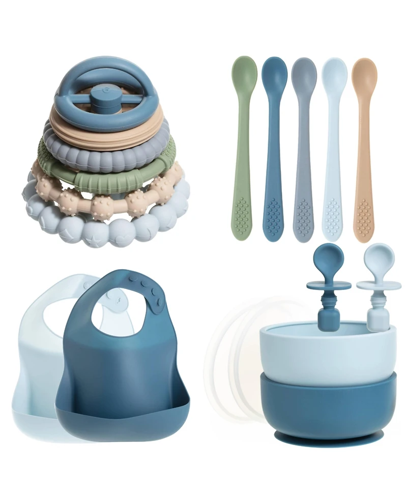 Sperric Toddler Silicone Essentials Set – Stacking Toy, Feeding Bibs, Suction Bowls with Spoons & First-Stage Spoons – Bpa-Free, Safe To