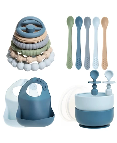 Sperric Toddler Silicone Essentials Set – Stacking Toy, Feeding Bibs, Suction Bowls with Spoons & First-Stage Spoons – Bpa-Free, Safe To