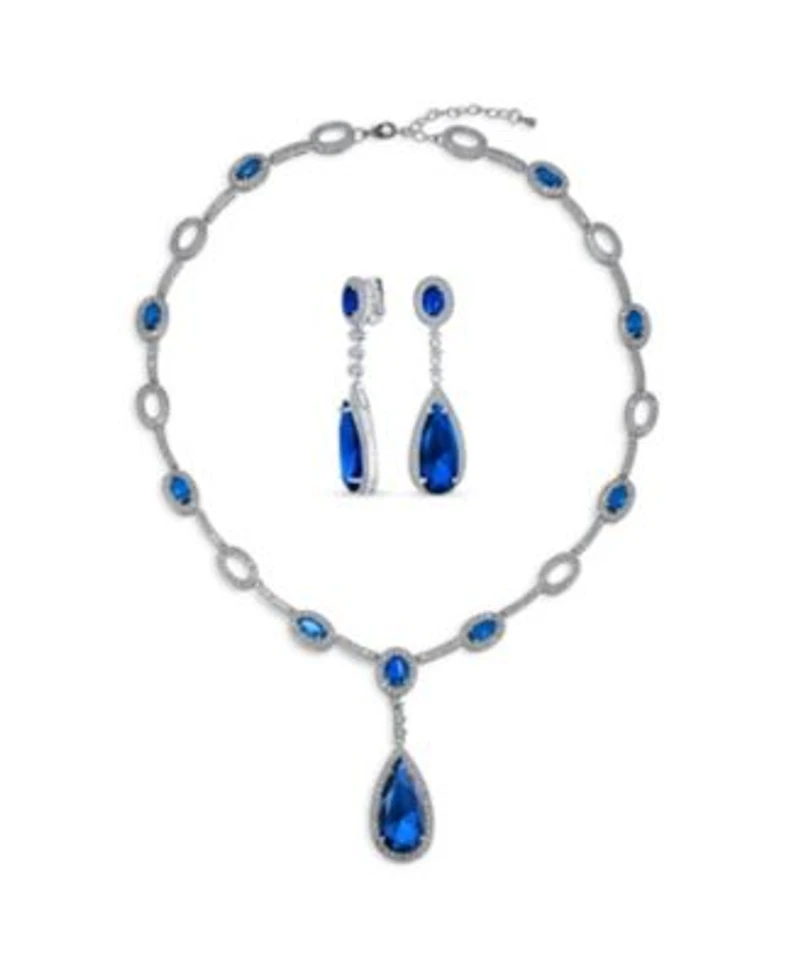 Bling Jewelry Fashion Solitaire Teardrop Halo Cz Cubic Zirconia Statement Y Necklace Matching Dangle Clip On Earrings Jewelry Set Rhodium Plated