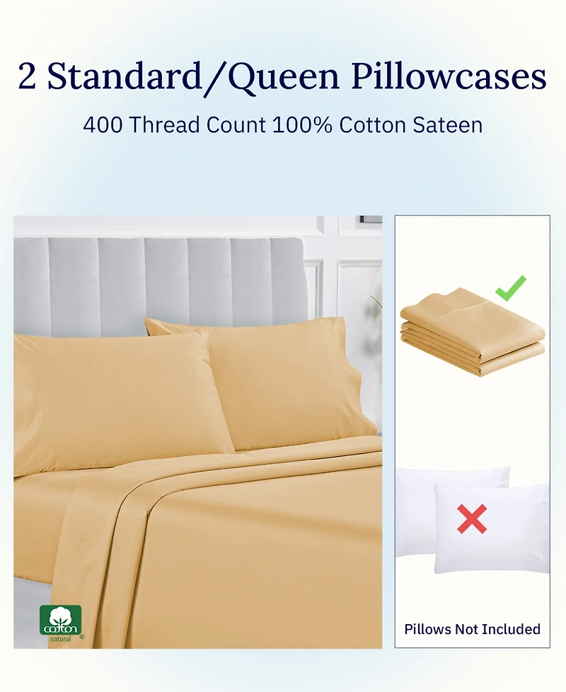 Pillowcase Set - 400 Thread Count, 100% Cotton Sateen, of 2 Pillow Covers, Breathable, Cooling
