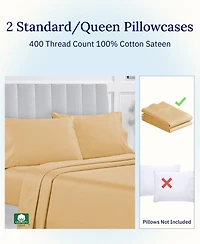 Pillowcase Set - 400 Thread Count, 100% Cotton Sateen, of 2 Pillow Covers, Breathable, Cooling