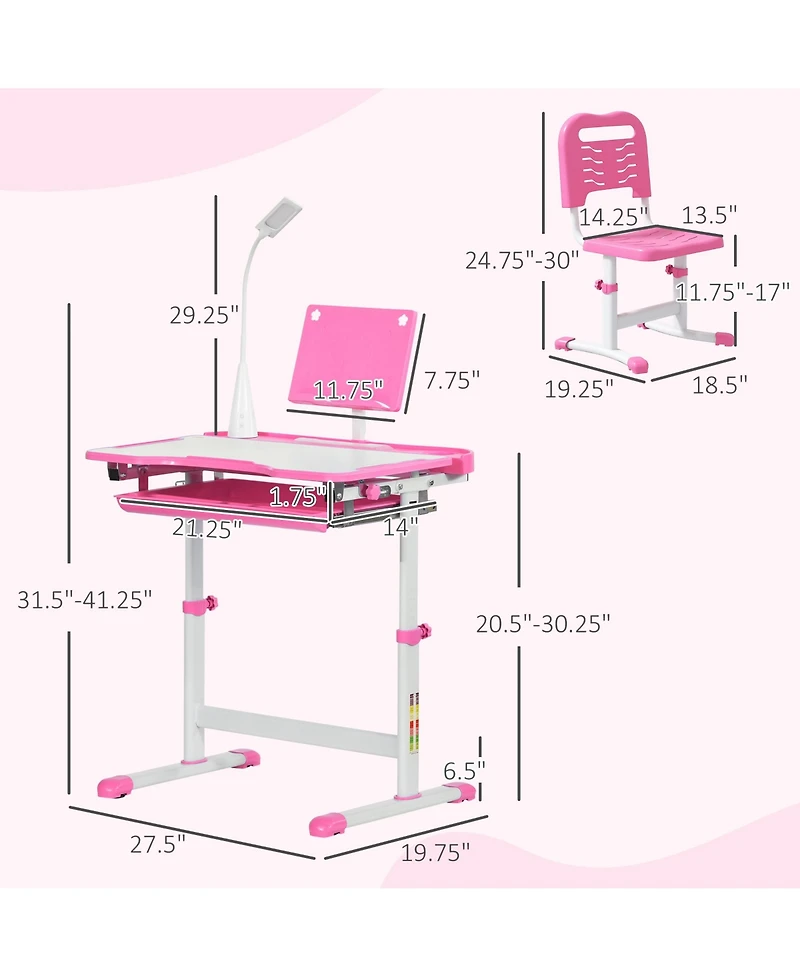 Qaba Kids Desk and Chair Set with Tilt Desktop, Storage Drawer,