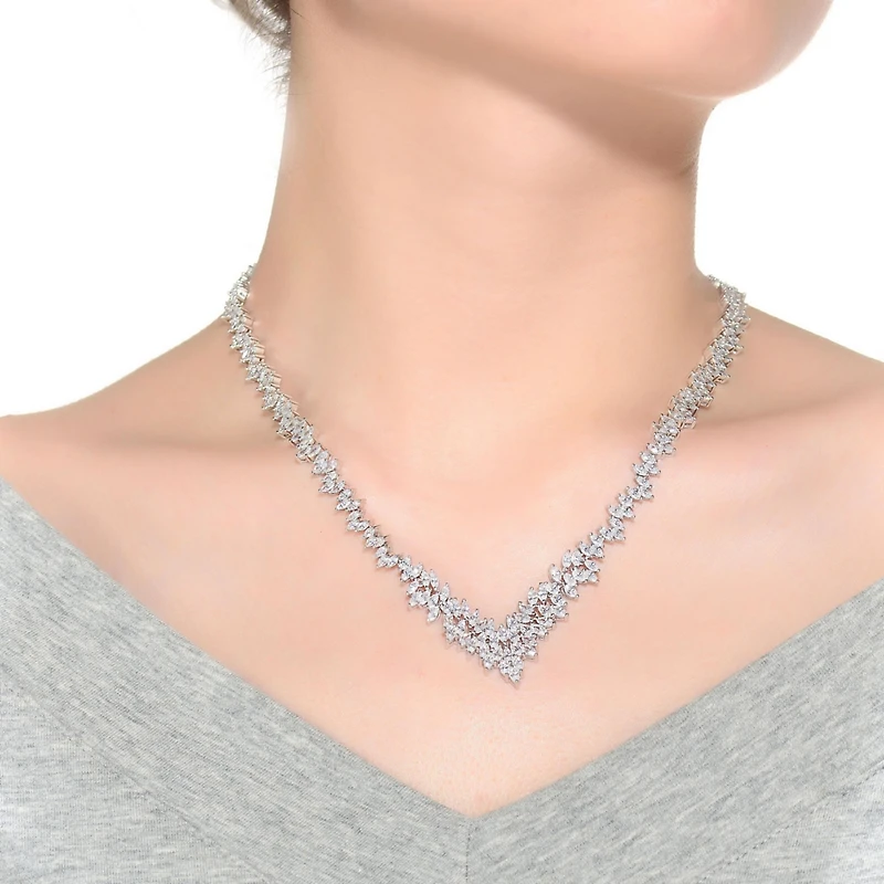 Sterling Silver with White Gold Plated Clear Marquise Cubic Zirconia Cluster Necklace
