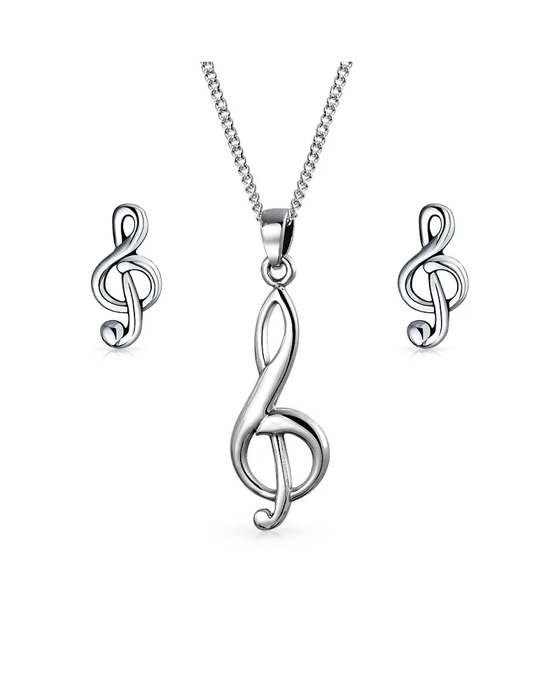 Bling Jewelry Musician Treble Music Note Stud Earrings and Pendant Necklace Silver Jewelry Set