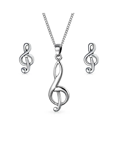 Bling Jewelry Musician Treble Music Note Stud Earrings and Pendant Necklace Silver Jewelry Set