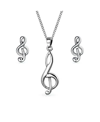 Bling Jewelry Musician Treble Music Note Stud Earrings and Pendant Necklace Silver Jewelry Set