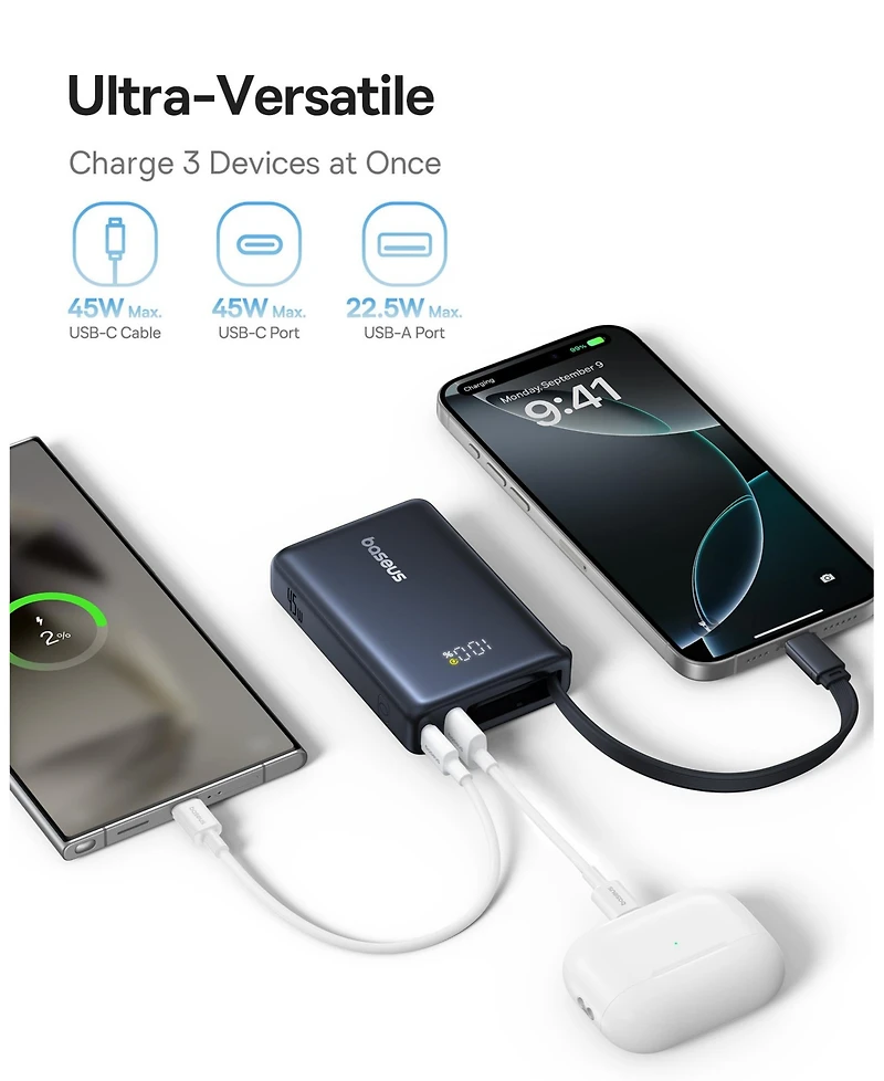 Baseus Power Bank, Picogo 10000mAh 45W 3-Output Portable Charger with Built-in Usb-c Cable, White