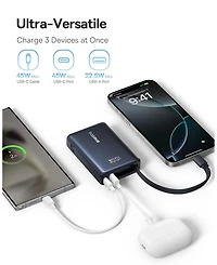 Baseus Power Bank, Picogo 10000mAh 45W 3-Output Portable Charger with Built-in Usb-c Cable, White