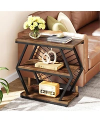 Tribesigns End Table, Industrial Side Table with 3 Storage Shelves, Wood Sofa Side Table with Geometric Metal Frame, Bedside Table for Living Room, Be