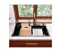 DeerValley 32" x 18" Drop-in Single Bowl 304 Stainless Steel Polished Black Kitchen Sink Workstation with Accessories
