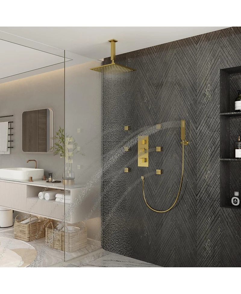Casainc 3-Function Luxury Ceiling Mount 12 Inch Led Thermostatic Shower System with 6 Body Jets