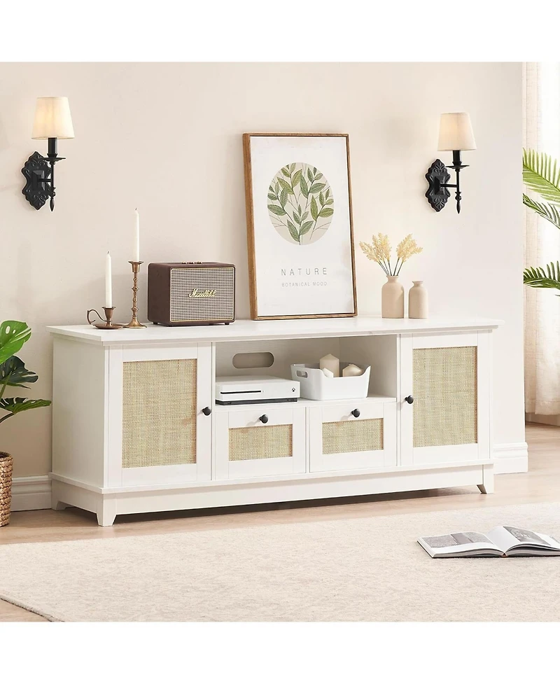 gaomon Rattan Tv Stand, Modern Entertainment Center for 65/70 Inch Tv, White Media Center with 2 Drawers and 2 Cabinets with Adjustable Shelf, Tv Medi