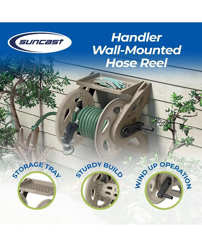 Suncast Handler 200 Foot Resin Wall Mounted Outdoor Garden Hose Reel