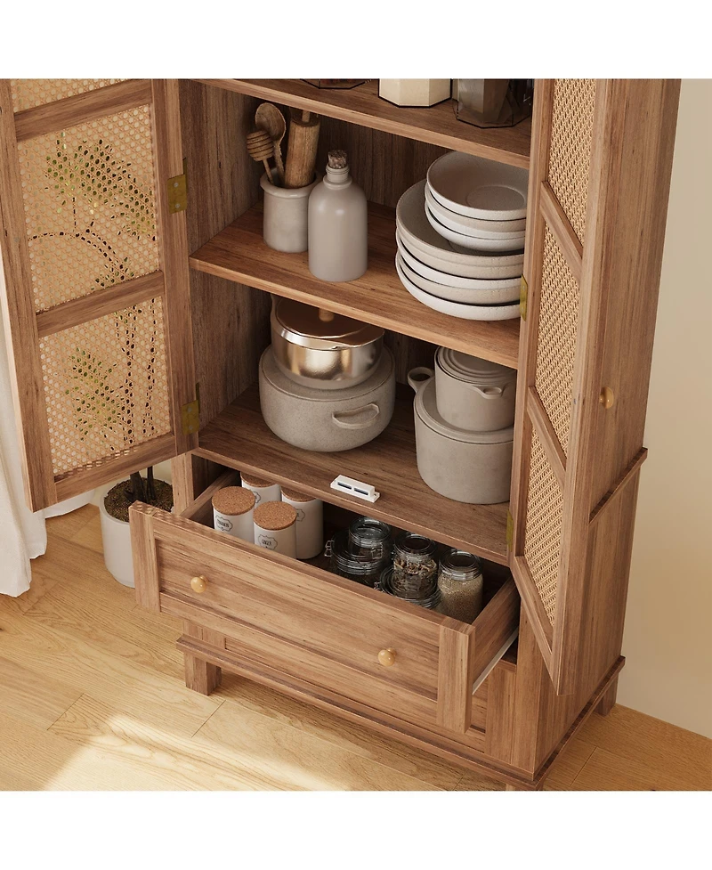gaomon Kitchen Pantry Storage Cabinet,64.1Inch Tall Storage Cabinet with Rattan Doors and 2 Drawers, Pantry Cabinet with Adjustable Shelf, Utility Pan