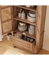 gaomon Kitchen Pantry Storage Cabinet,64.1Inch Tall Storage Cabinet with Rattan Doors and 2 Drawers, Pantry Cabinet with Adjustable Shelf, Utility Pan
