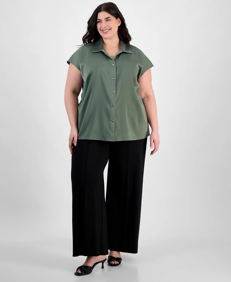 Anne Klein Plus Cap-Sleeve Satin Collared Blouse