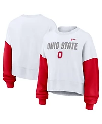 Nike Women's White Ohio State Buckeyes Color-Block Oversized Cropped Pullover Sweatshirt