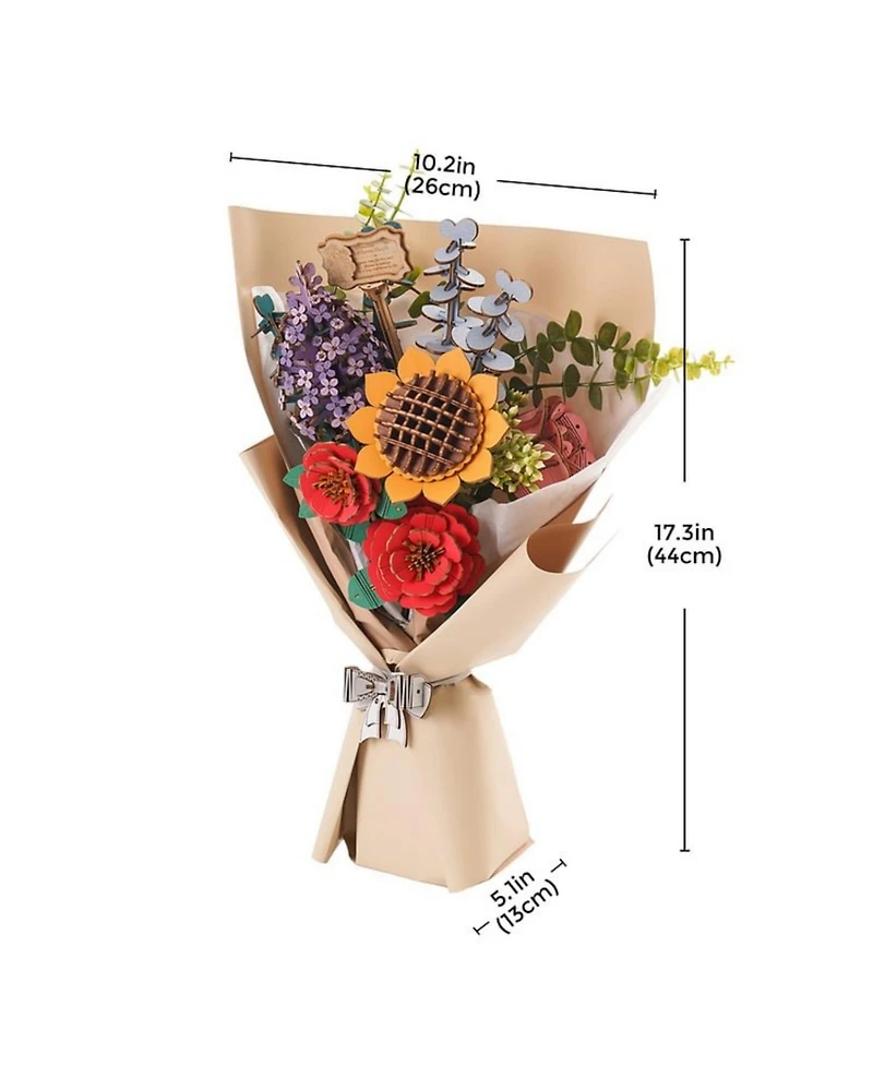 Robotime Flower Bouquet 3D Wooden Puzzle Diy Model Building Kits Toys, Multicolored, 10.2"5.1"17.3"