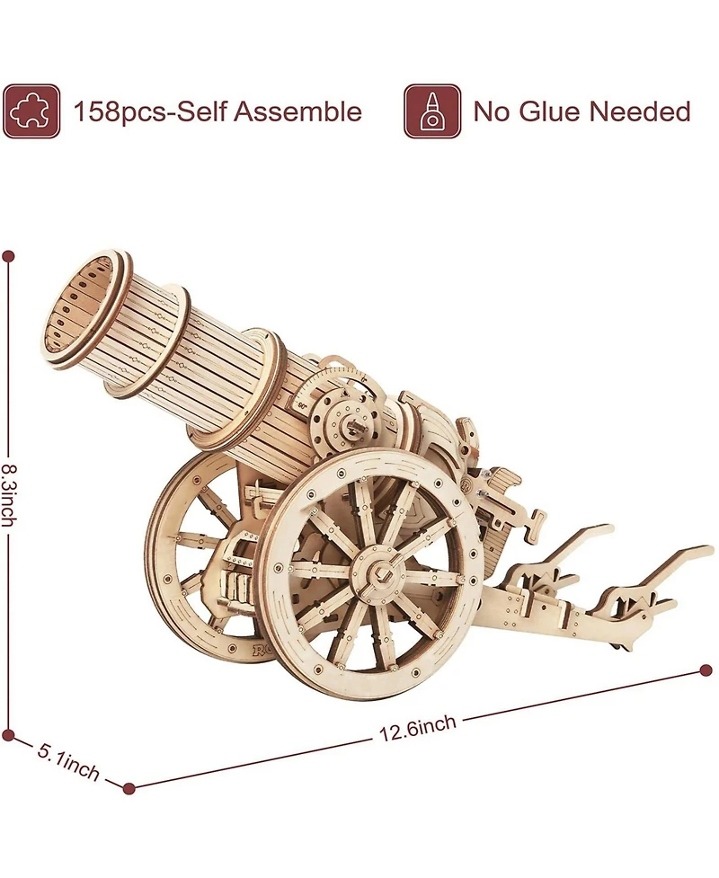 Robotime 3D Wooden Puzzle 158 Pieces Diy Model Toys Medieval Wheeled Cannon Brain Teaser, Beige, 12.6"5.1"8.3"