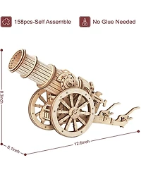 Robotime 3D Wooden Puzzle 158 Pieces Diy Model Toys Medieval Wheeled Cannon Brain Teaser, Beige, 12.6"5.1"8.3"