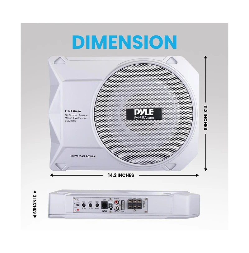 Pyle 10” 900W Slim Active Marine Subwoofer, Low-Profile, Waterproof Design