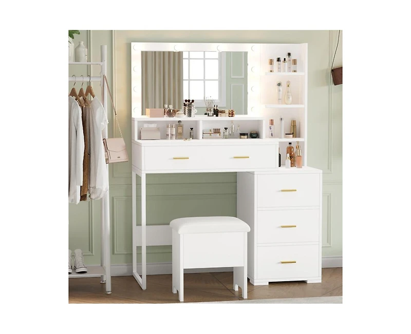 gaomon Vanity Desk, Makeup Vanity Table with Mirror & 9 Led Light Bulbs, 4 Large Drawers and 3 Tiers of Open Shelves for Bedroom