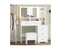 gaomon Vanity Desk, Makeup Vanity Table with Mirror & 9 Led Light Bulbs, 4 Large Drawers and 3 Tiers of Open Shelves for Bedroom
