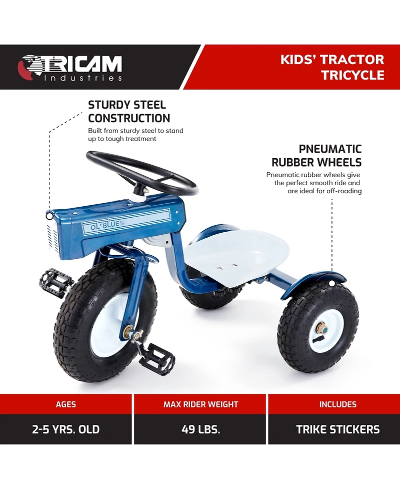 Tricam Ol' Blue Tractor Tricycle, 22" Steel Toddler Bike Kids Ride On Toy