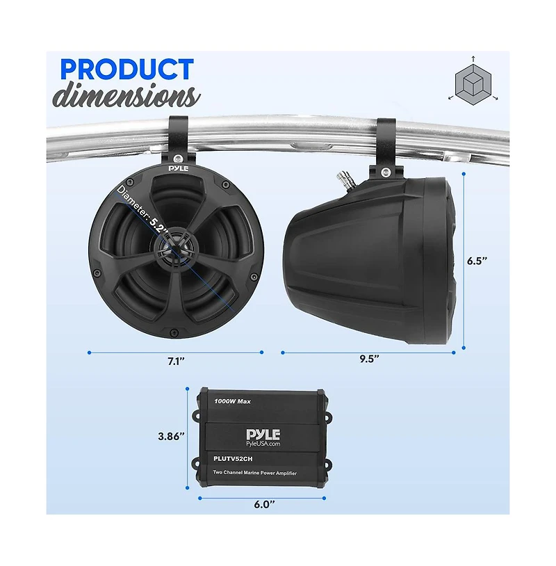 Pyle 5.25'' Waterproof Off-Road Speakers with 2-Channel Amplifier, 1000W, Chrome