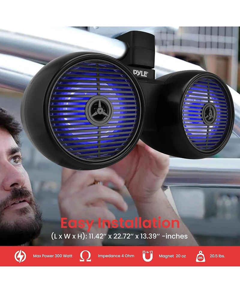Pyle 8'' Marine Bluetooth Wakeboard Speaker System with Led Lights, 300W, Black