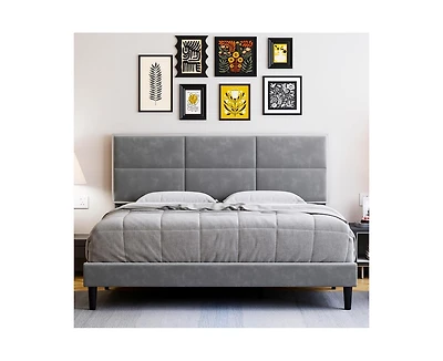 gaomon King Size Velvet Bed Frame with Headboard, Modern Upholstered Platform Bed, Mirror Stainless Steel Decoration, Wooden Slats Support, No Box Spr