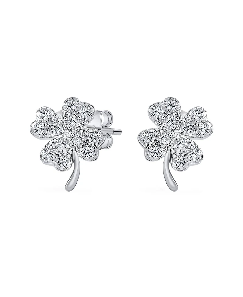 Bling Jewelry Luck of the Irish Shamrock Pave Cz Four Leaf Clover Stud Earrings .925 Sterling Silver
