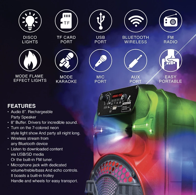 Toptech Star-8 Bluetooth Speaker, 8" Woofer, Flame Lights