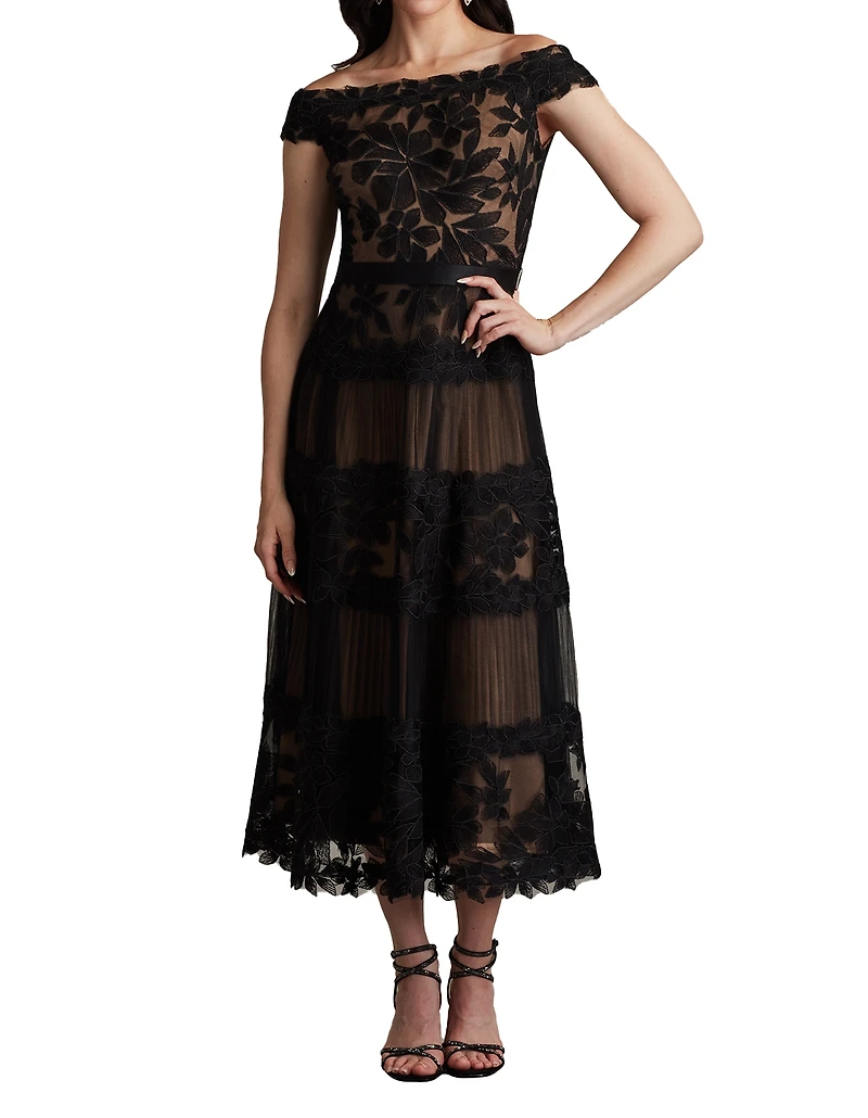 Tadashi Shoji Women's Adriane Floral Embroidered Tea-Length Dress