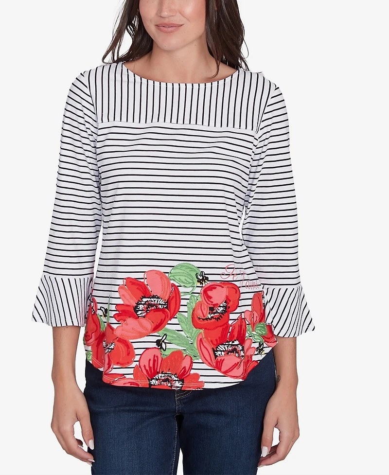 Ruby Rd. Petite Poppy Embroidered Stripe Knit Three Quarter Sleeve T-Shirt