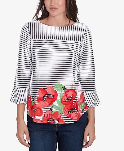 Ruby Rd. Petite Poppy Embroidered Stripe Knit Three Quarter Sleeve T-Shirt